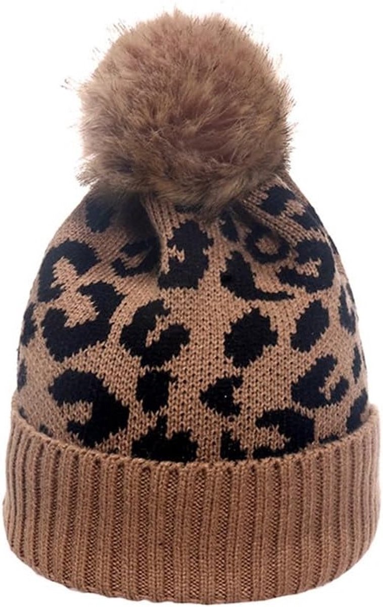 Leopard Print Gebreide Muts met Pompon voor Dames en Heren - Warme Winterbeanie voor Buitenactiviteiten, Dierenprint, Modeaccessoire
