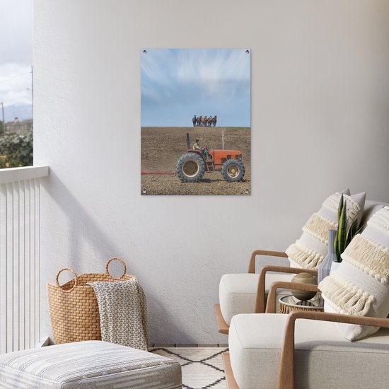 Tableau jardin Fermier avec tracteur et chevaux - 60x80 cm - Affiche jardin - Toile jardin - Affiche extérieur