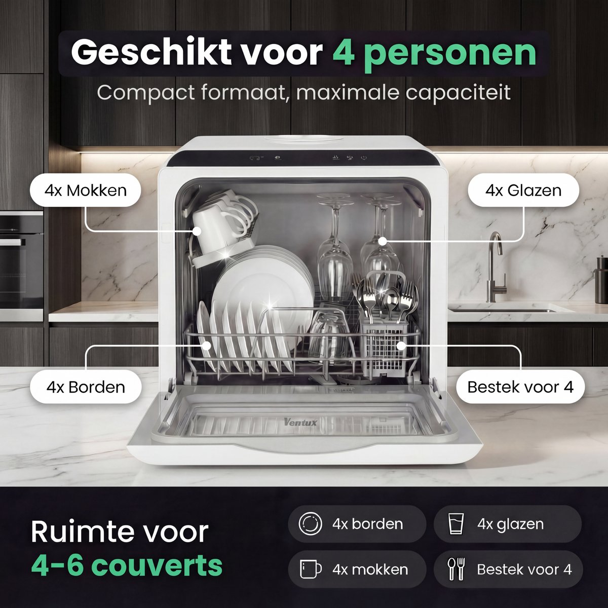 Ventux® Mini Vaatwasser Incl. App – Afwasmachine – 5 Programma’s – 900 Watt – 42,5 x 42,8 x 45,8 cm - Wit – foto 5
