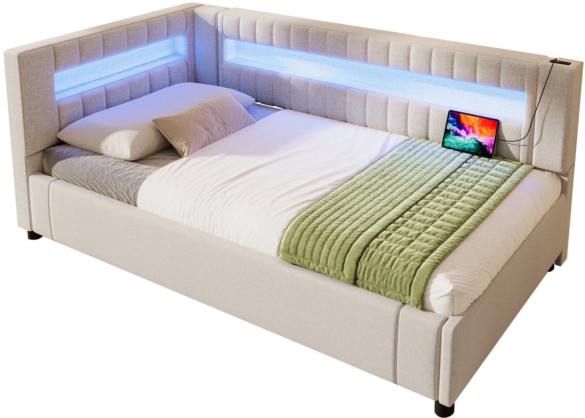 Merax Slaapbank 90x200 - Bed met Opbergruimte - LED Verlichting met Afstandsbediening - USB en Type C - Linnen - Beige