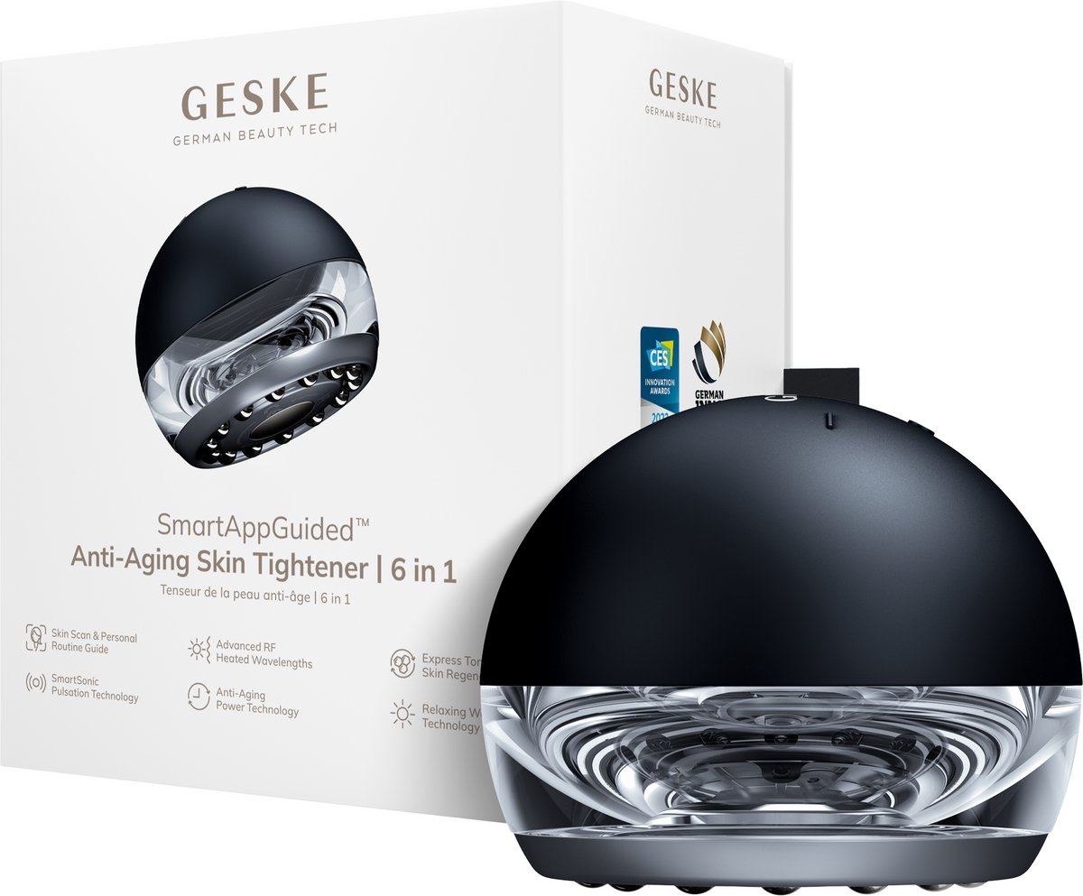 GESKE SmartAppGuided™ Anti-Aging Skin Tightener | 6 in 1 | Geavanceerde Anti-Aging | Radiofrequente Huidverstrakking | Huidvernieuwing met SmartSonic Pulsaties & Warming Technology