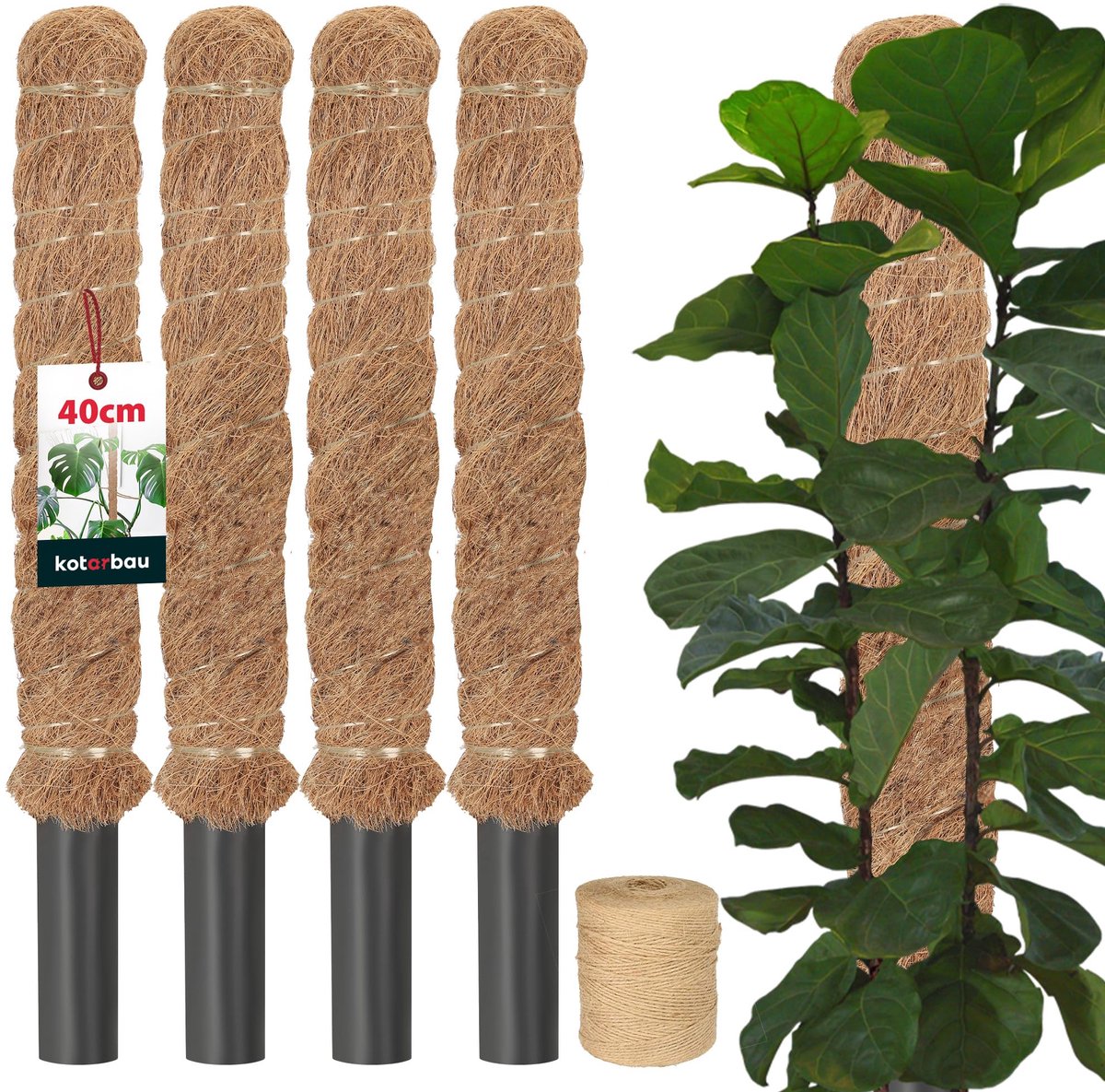 KOTARBAU® 4 st Kokosstok, Plantenstok, ⌀ 3,2 x 40 cm, Kokosstaaf, Klimhulp Monstera, Bruin, Kokosvezel, Klimhulp, Plantenstaaf, Kokosstok voor Monstera, Kokosstaaf voor Klimplanten
