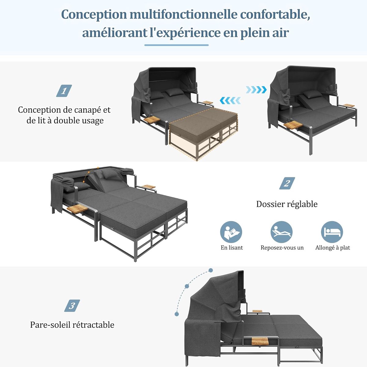 Zonneligstoel 2 Persoons met Ligfunctie en Verstelbare Rugleuning 178 x 130 x 127 cm – Luxe Outdoor Loungeset met Luifel, Kussens en Tafels – Weerbestendig Tuinbed / Loungebank – Donkergrijs – Laura
