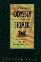 Boek 'The Odyssey of Homer' vertaald door T. E. Lawrence, met een inleiding door Bernard Knox. Cover met oranje, gele en groene patronen.