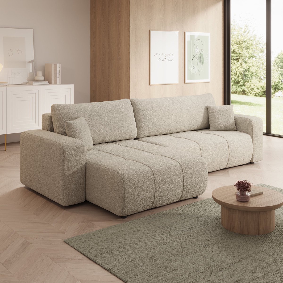 Meubella - Feather Maxi - Hoekbank 3-zits met chaise longue - Teddystof beige - Universeel