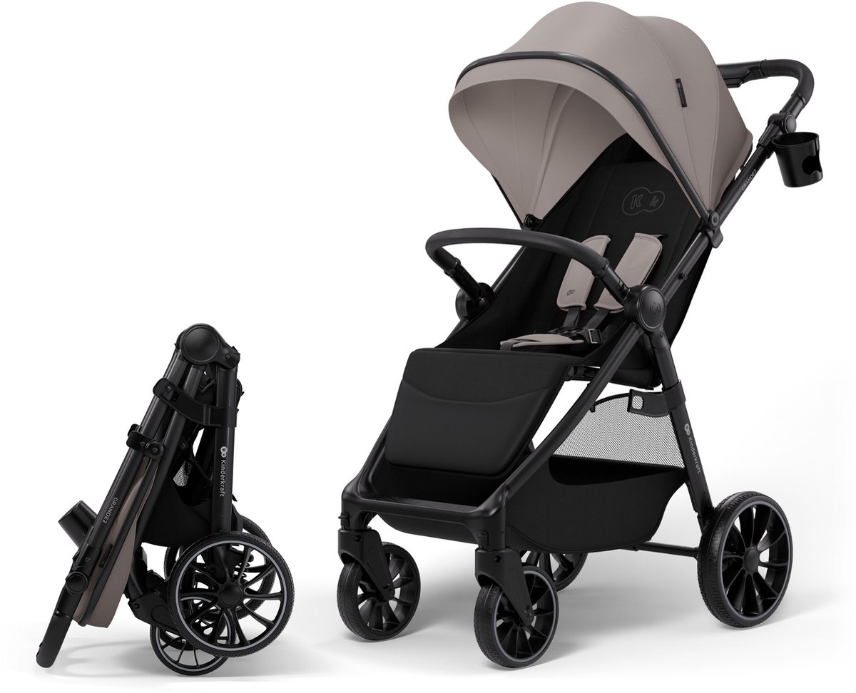 Kinderkraft GRANDE 2 Buggy - grote geveerde wielen CLICK&FOLD eenhandig inklappen vlakke ligpositie - Beige