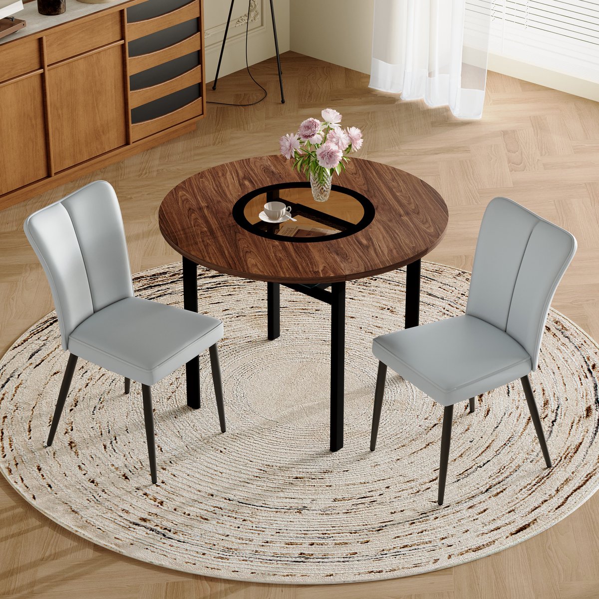 FloraGrace Eettafelset 100 Cm - Ronde Tafel Met 2 Stoelen En Glazen Blad - Voor Eetkamer Of Keuken - Metaal En Kunstleer - Bruin Houtkleur + lichtgrijs