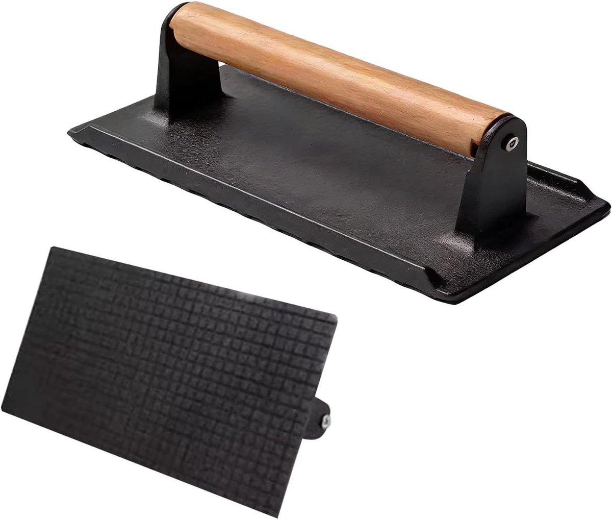 Grillpers Rechthoekig - Burgerpers Spekpers - Gelijkmatig Koken - Comfortabele Houten Handgreep - 16x8x8 cm - Zwart