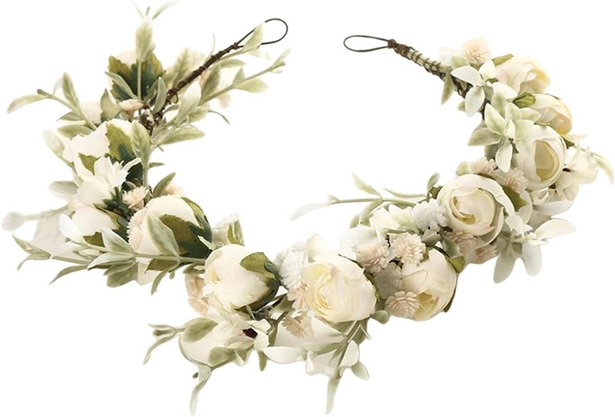 Bloemenkrans Hoofdband - Bloemen Sieraad - Feestelijke Aankleding - Verstelbaar Comfort - Diameter 18 cm - Zilver