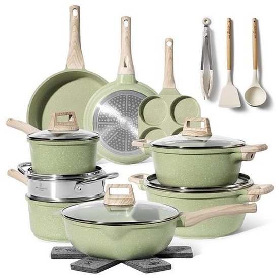 Ensemble complet de 13 pièces de casseroles vertes avec revêtement antiadhésif en granit, comprenant des casseroles, poêles, poêle à œufs, dessous de plat et ustensiles de cuisine.