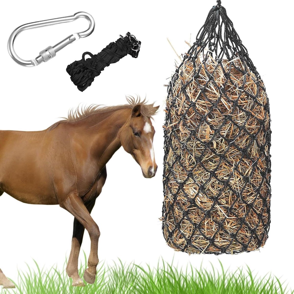 Hooinet Paard - Voerzak - Rustig Eten - Met Ring en Karabijn - 100 cm - Zwart