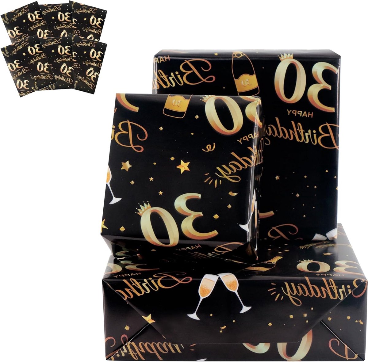 Inpakpapier voor 30e verjaardag, 6 vellen zwart en goud, 70 x 50 cm, feestelijke decoraties voor mannen en vrouwen, recyclebaar en duurzaam