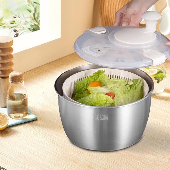 Slacentrifuge - Groente droger - Salade bereiden - Roestvrijstalen kom - 5 liter inhoud - Zilver — afbeelding 2