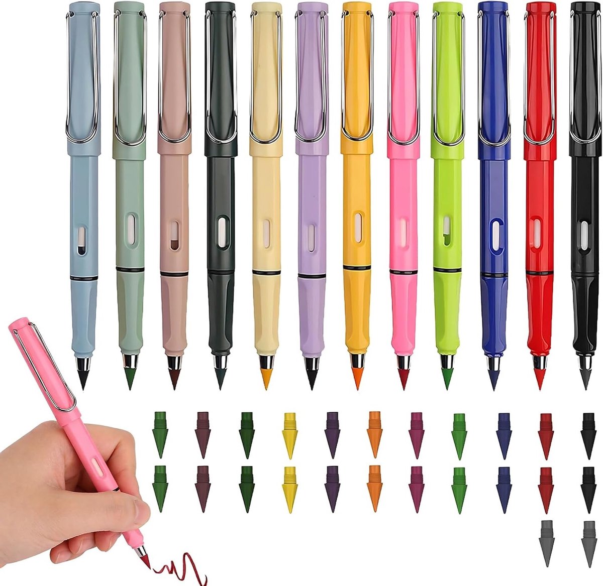 12 Magische Potloden met 24 Vervangbare Pennen – Duurzame Potloden zonder Punt, Met Gum – Set voor Schrijven, Tekenen en Creatief Werk