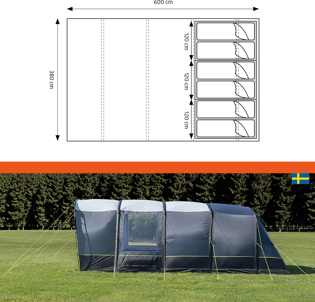 Campout 6 Persoons Opblaasbare Tunneltent Familietent – 3 Slaapcabines – 5000 mm Waterdicht – Grote Leefruimte – Incl. Pomp & Luifel – foto 7