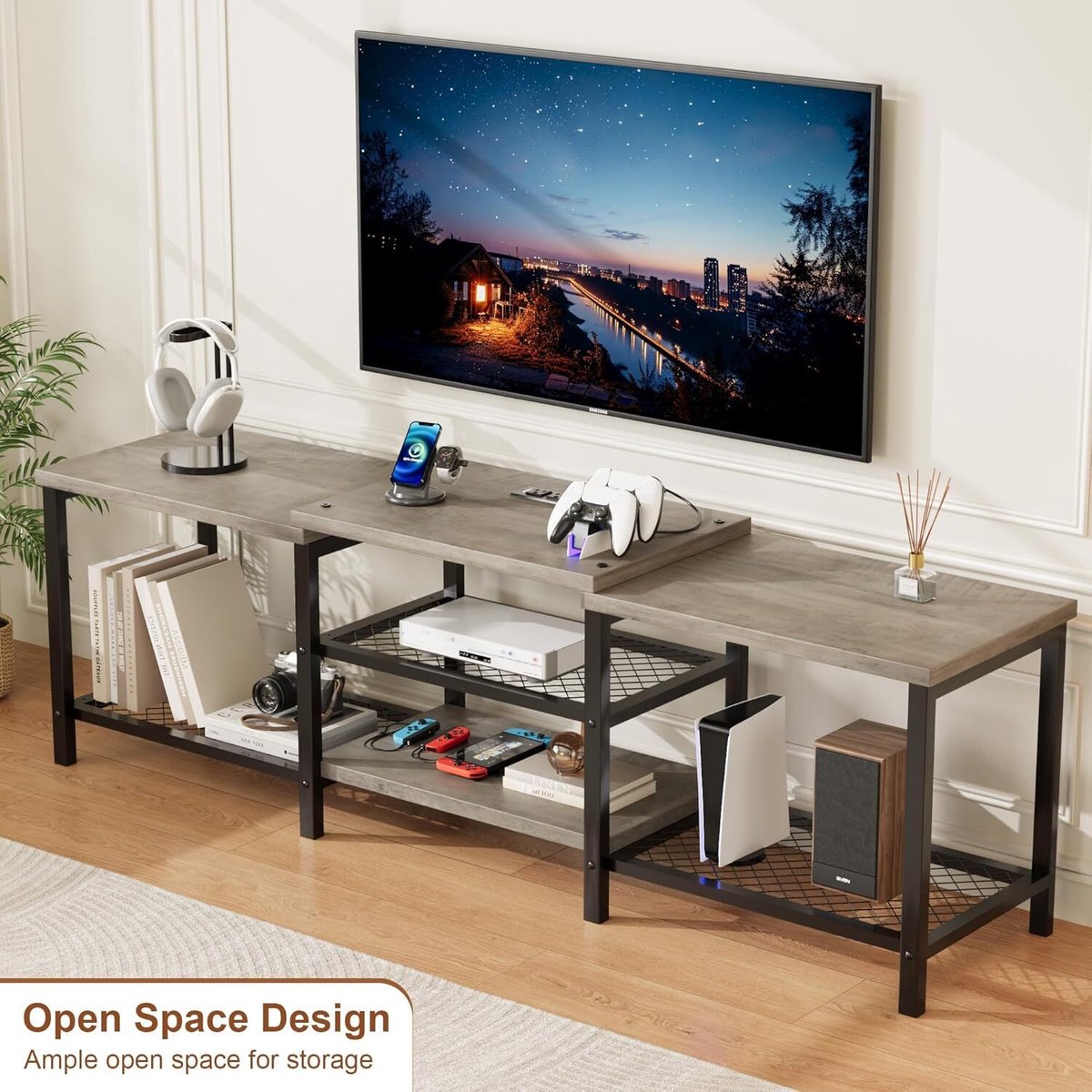 TV-standaard in industriële stijl- voor een 70-inch televisie- met ledstrip-4 open opbergv