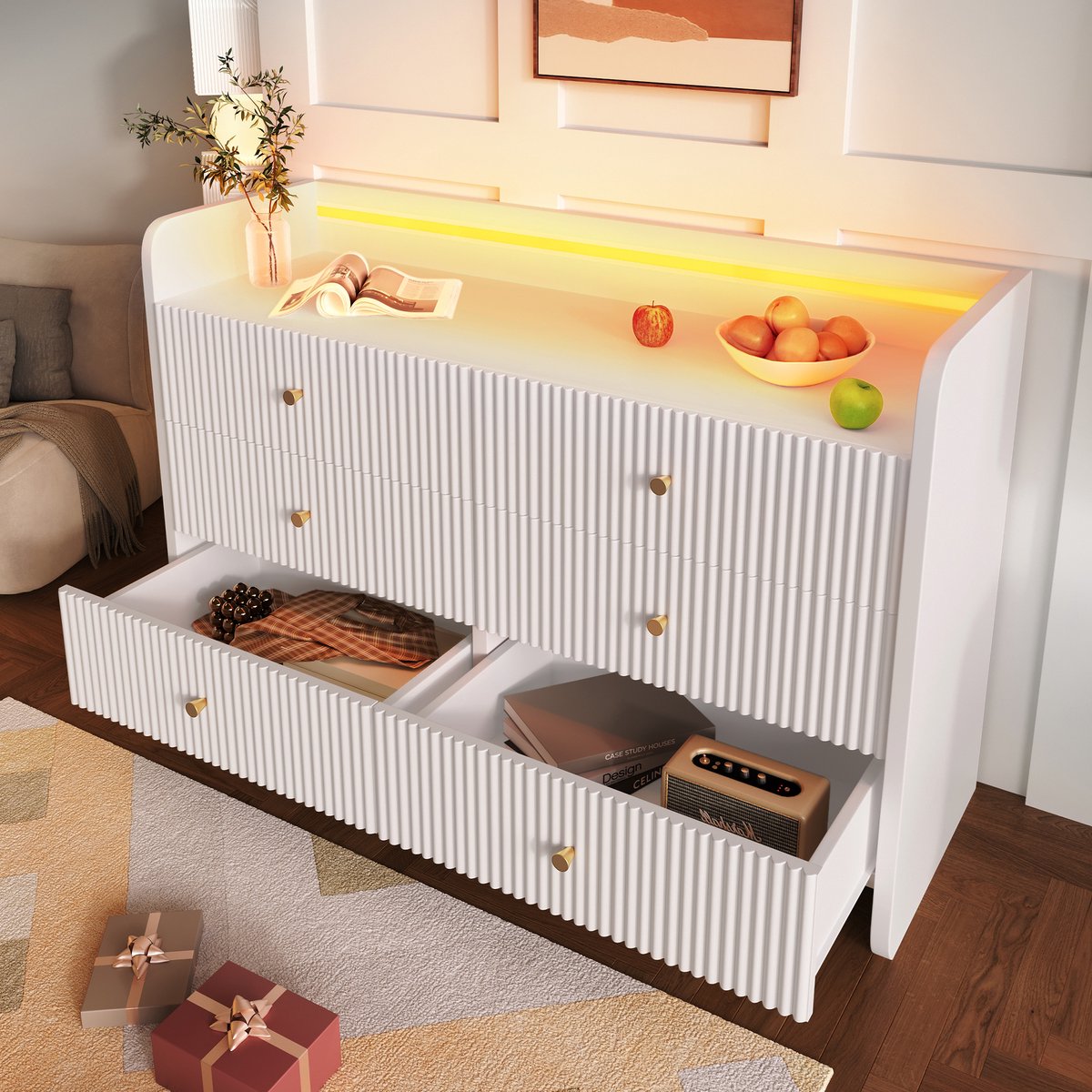 Merax Dressoir 120x40x75 cm - met LED-verlichting en 6 lades - golfvormig groefontwerp - moderne kast - wit