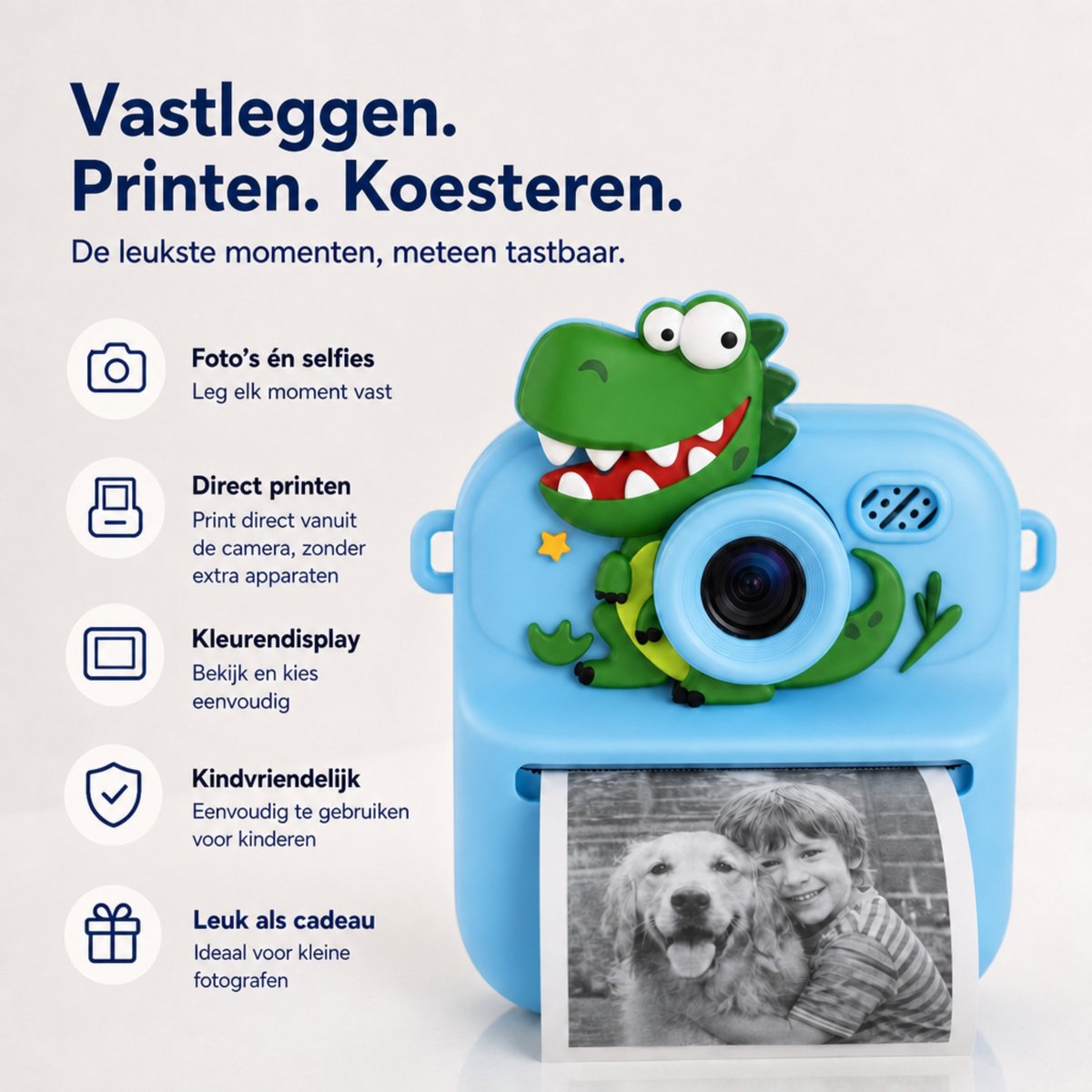 Boncy® Digitale Kindercamera met Foto Printer - Instant Print Kinder Camera - Dinosaurus Fototoestel voor Kinderen Jongens & Meisjes - Digitaal Kindercamera's Speelgoed - Dino Fotocamera 48MP - Fotoprinter Speelgoedcamera Pocket Printer Blauw – foto 2