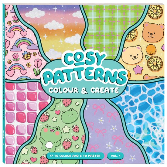 Boekomslag met de titel 'Cosy Patterns Colour & Create' in pastelkleuren. Toont zes verschillende patronen: regenboog, ruitjes, beren, aardbeien, kikkers en water. Vol. 1.