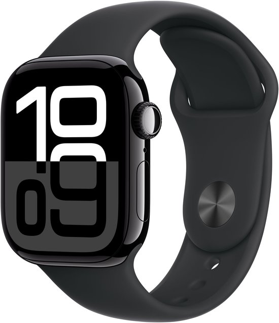 Zwarte Apple Watch Series 10 met zwart sportbandje, digitale wijzerplaat toont 19:09.
