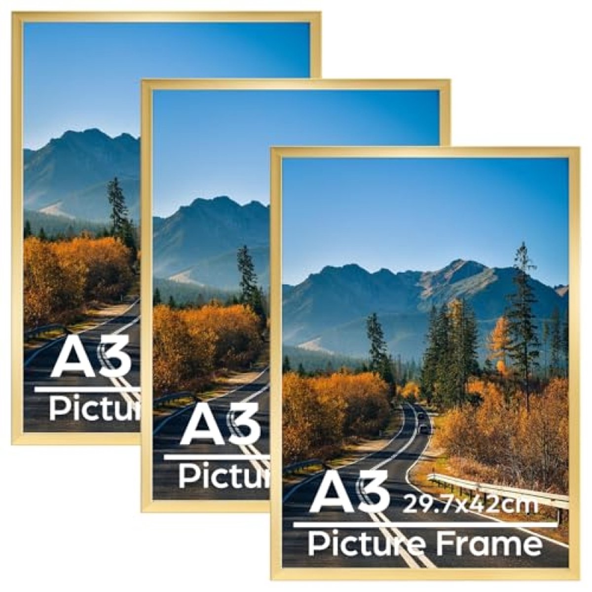 PromoHome Fotolijst A3 29,7x42cm Goud Set van 3 PVC-Lijst voor Aan de Muur met PS-Glas voor Thuis en Kantoor
