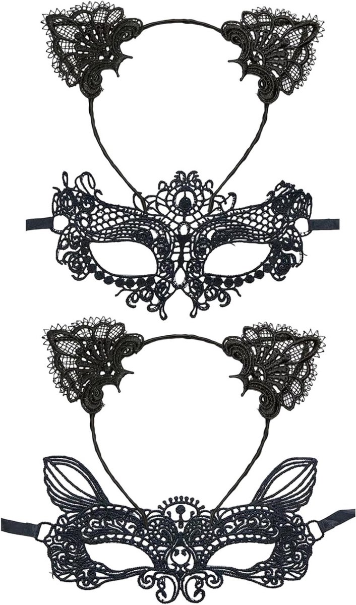 Zwarte Sexy Kat Oren Haarband met Venetiaans Masker voor Halloween, Carnaval en Feestelijke Avonden