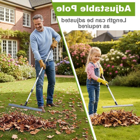 Verstelbare Bladhark 53-160 cm met 21 Tanden, Ergonomische Lange Handgreep voor Bladeren, Gras en Dennennaalden in de Tuin van Merkloos	 — afbeelding 3