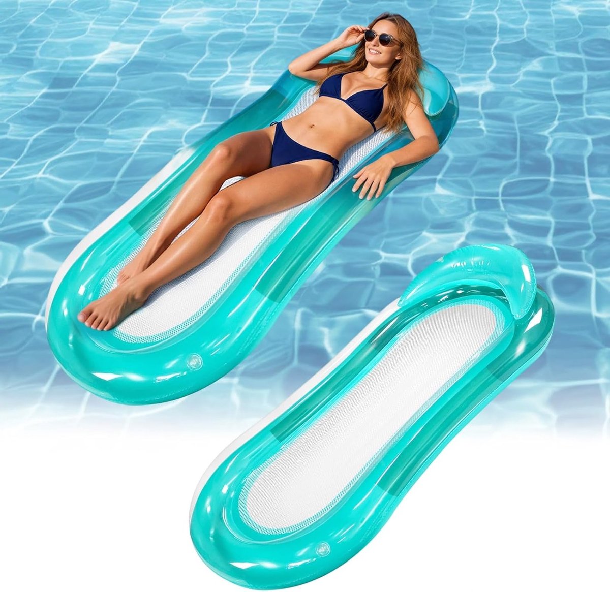 Opblaasbaar luchtmatras met hoofdsteun, 150 x 75 cm, ideaal voor zwembad en strand, 2-in-1 zwemligstoel en relaxmatras voor volwassenen, perfect voor zomerse ontspanning