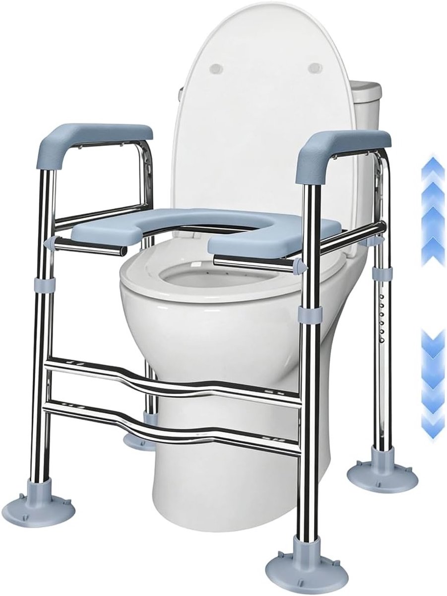 Verhoogde toiletstoel met armleuningen, verstelbaar en geschikt voor ouderen, gehandicapten en zwangere vrouwen tot 150 kg. Comfortabel en veilig toiletgebruik voor iedereen.