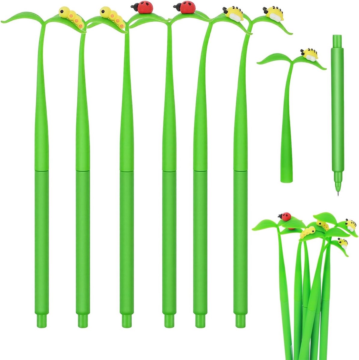Set van 6 Simulatie Bloem en Insect Balpennen met Siliconen Blad, Gelpennen voor School en Kantoor, Perfect als Cadeau voor Studenten (0.5mm, Zwart Inkt)