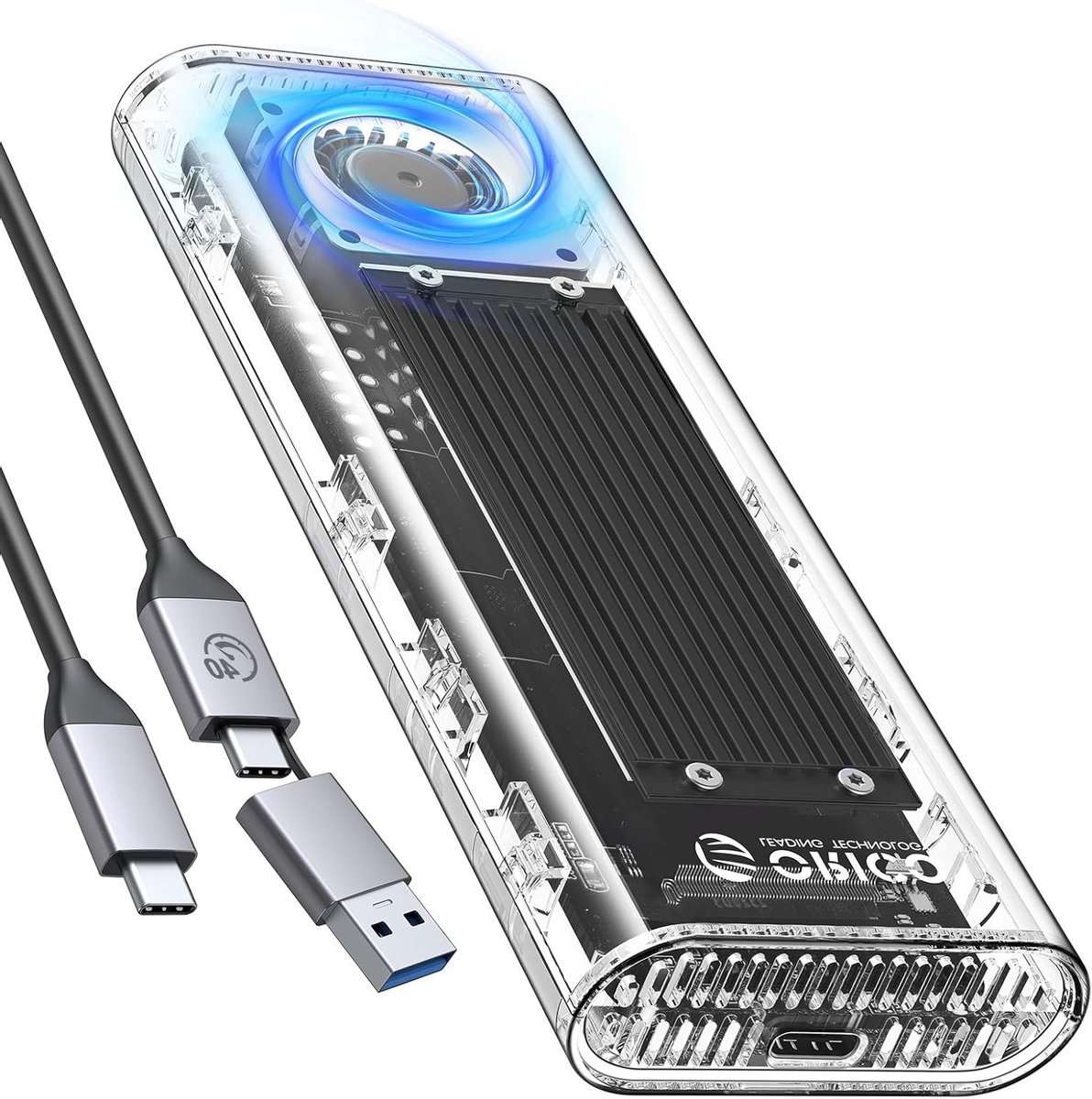 40 Gbps NVMe SSD behuizing met ventilator, toolvrije M.2 adapter voor Thunderbolt 4/3 en USB 3.2/3.1/3.0, ondersteunt M-Key SSD 2230/2242/2260/2280, transparant ontwerp, snelle gegevensoverdracht