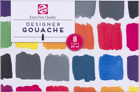 Een doos met kleurige verfvlekken, met het Talens Designer Gouache logo en aanduiding van 8 tubes.