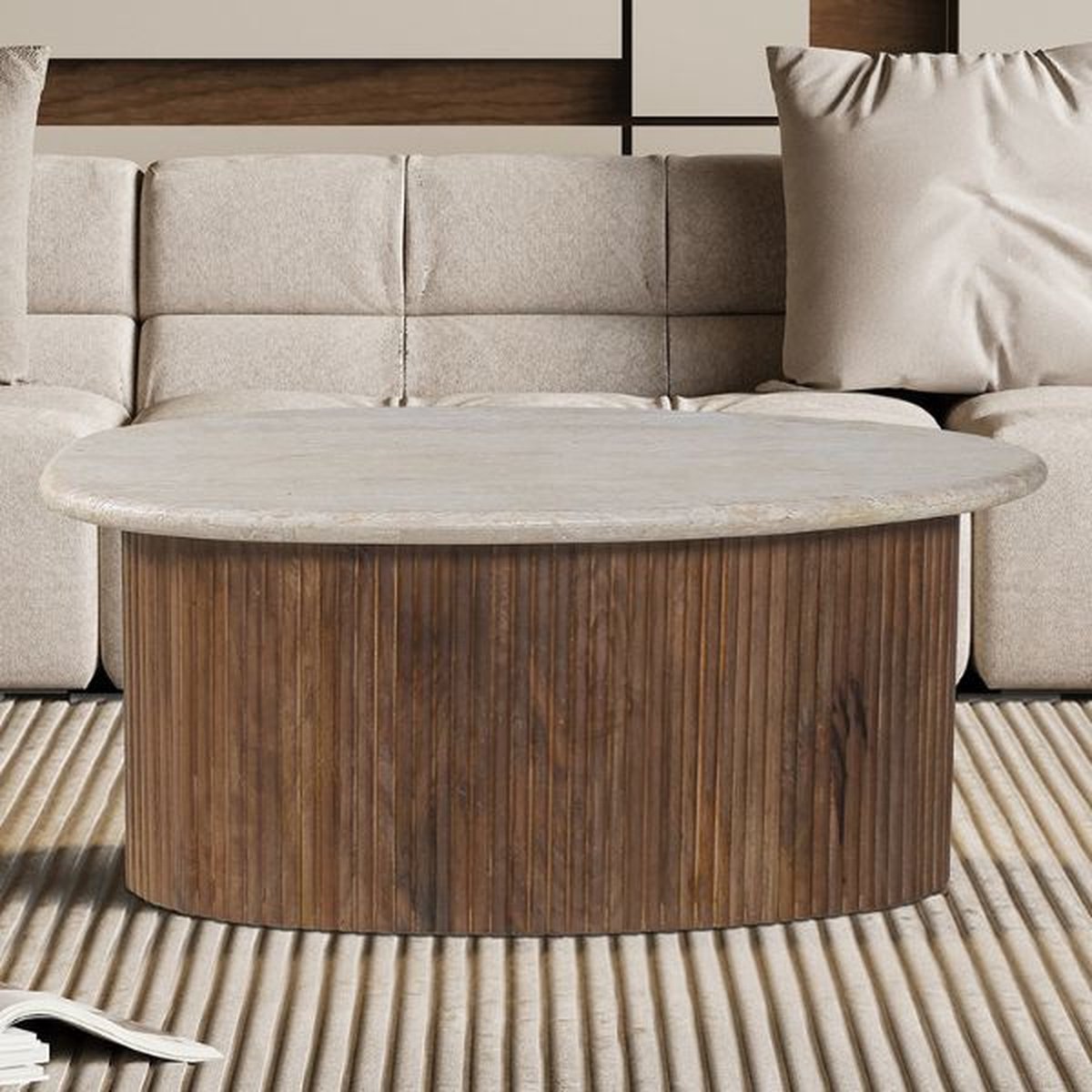Salontafel 'Louis' 90 cm Mango Hout met Travertin Beige