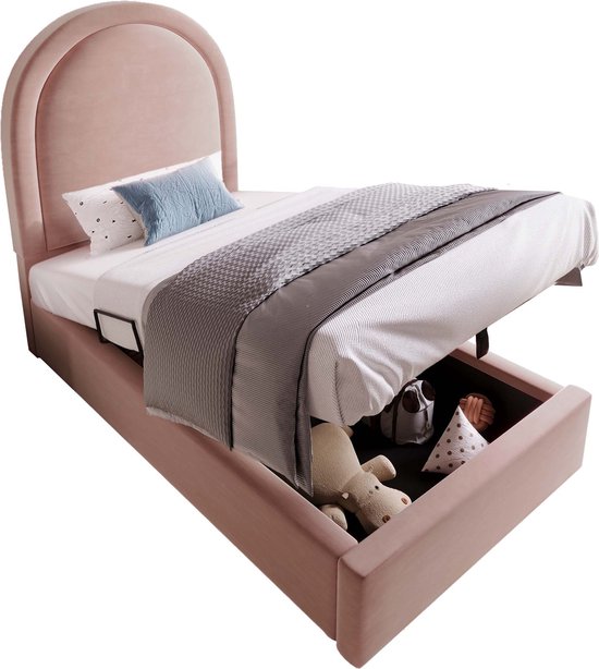 Merax Kinderbed 90x200 cm – Roze Fluwelen Eenpersoonsbed met Hydraulische Opbergruimte – Kosmisch Design