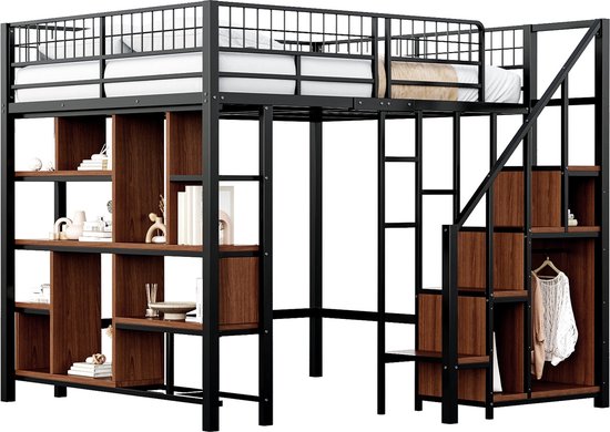 Merax Hoogslaper Tweepersoonsbed 140x200 cm – Metaal Bed met Opbergruimte - Zwart