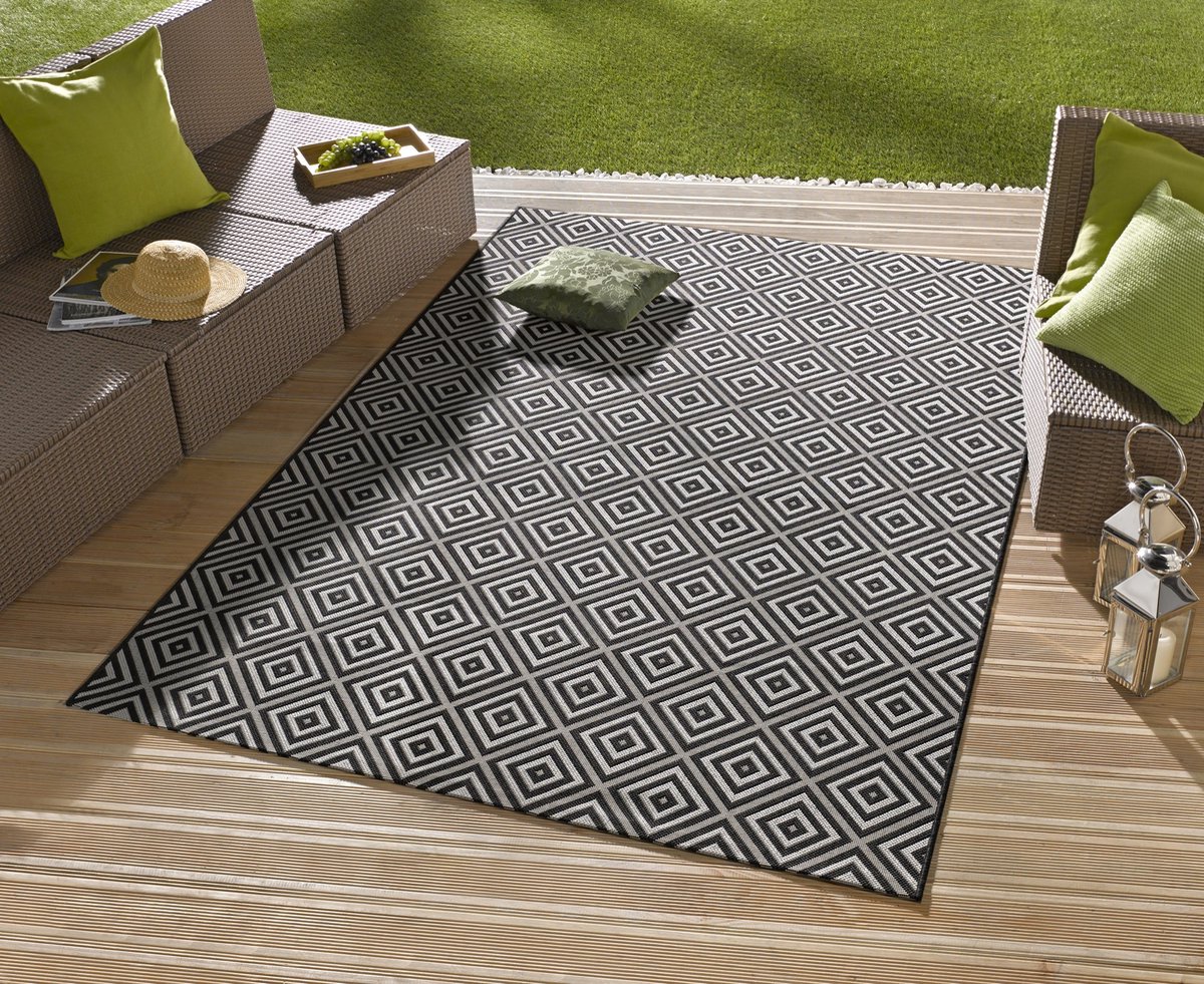 flycarpets Laagpolig vloerkleed - Binnen en buitenkleed - Karo - Zwart 80x200 cm