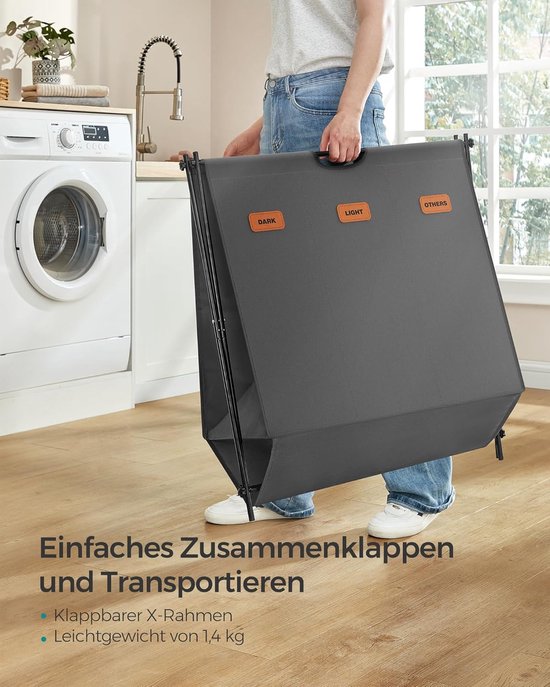 FurnStar - Panier à linge - collecteur de linge - 135 litres - boîte à linge - 3 compartiments - cadre en X pliable - étiquettes individuelles - pour buanderie - chambre - salle de bain - 70 x 40 x 66 cm - gris