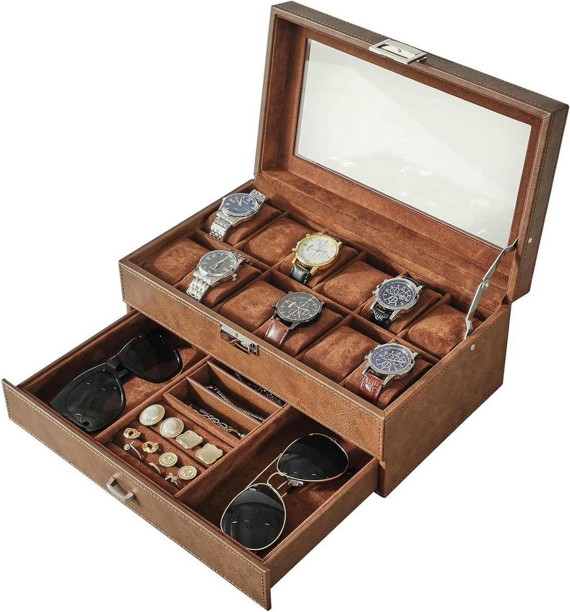 Horlogebox met 12 sleuven PU-leer voor mannen - Sieraden display schuiflade case - Glazen plaat - Bruin fluwelen voering