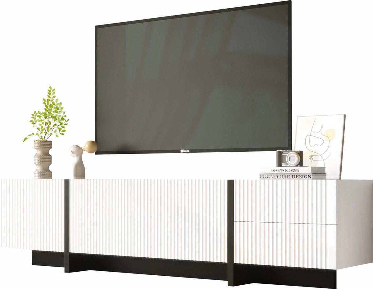 Merax TV-meubel – 190 cm breed - Modern Zwart-Wit Design met 3 Deuren en 2 Lades
