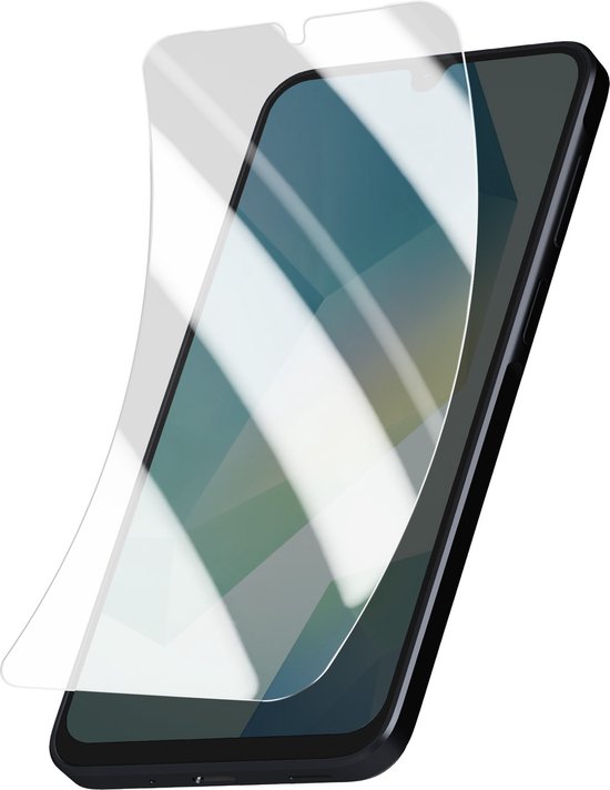 Helder, flexibel displaybeschermfolie wordt bovenop een smartphone gelegd.