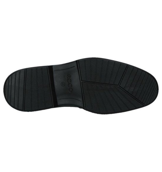 Zool van een zwarte ECCO mocassin met profiel en ECCO logo. Dikke, rubberen zool.