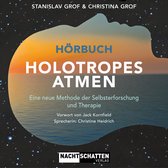 Luisterboek 'Holotropes Atmen' met een silhouette van een hoofd tegen een zonsondergang.