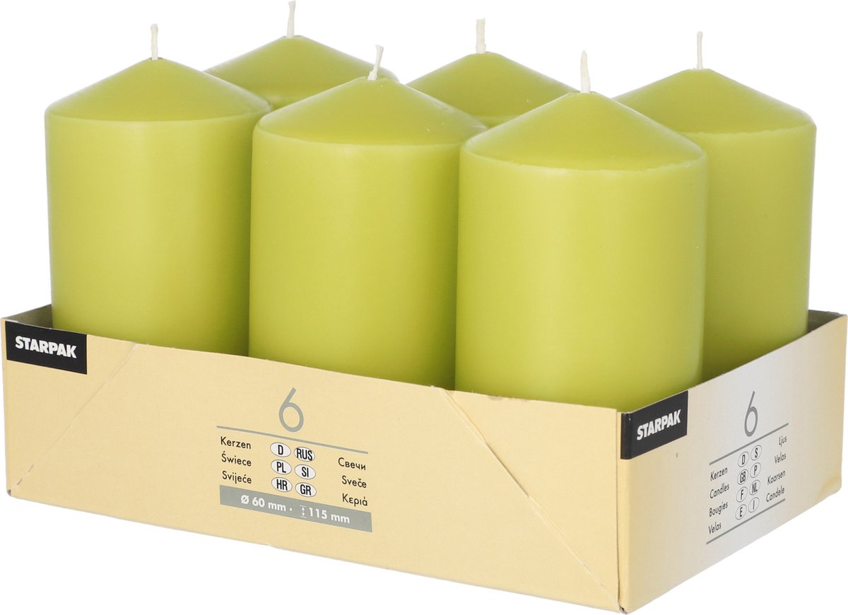 Conpax candles Stompkaarsen/zuilkaarsen set van 6x - lime groen - D6 x H12 cm - 24 branduren
