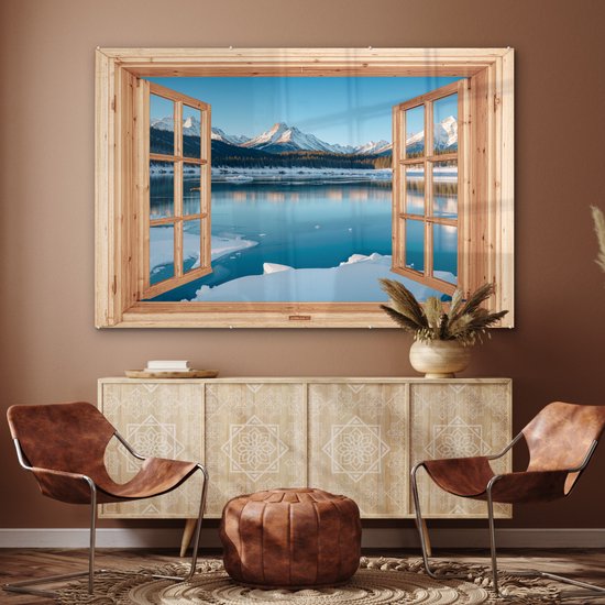 MuchoWow® Peinture sur verre 180x120 cm - Peinture sur verre acrylique - Vue - Paysage - Hiver - Lac - Montagnes - Vue - Photo sur verre - Décoration murale salon - Décoration murale chambre - Peintures