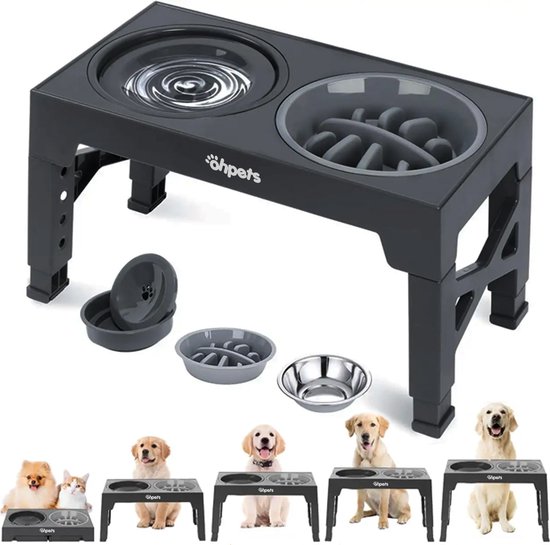 Ohpets® Verstelbare Verhoogde Voerbak Hond Met Standaard - Dubbele Voerbak Hond - 5 Hoogtes - Drinkbak Hond Verstelbaar - Anti Schrokbak, RVS & Anti knoei, Slowfeeder - 4 Schalen - Hondenvoerbak - Zwart - Geschikt voor Grote en Kleine Honden en Kat
