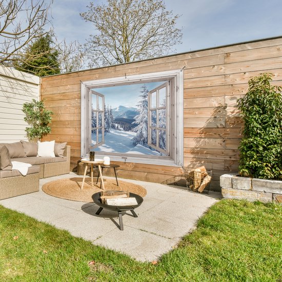 Affiche de jardin Transparent - Hiver - Paysage - Nature - Berg - Arbres - Wit - 160x120 cm - Toile de jardin - Affiche d'extérieur