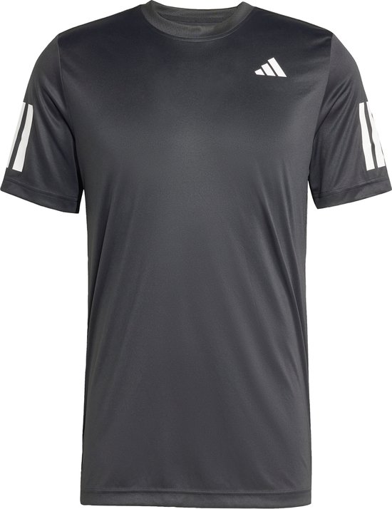 Donkergrijs T-shirt met korte mouwen, witte strepen op de schouders en een wit Adidas logo.