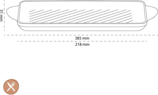 Gegraveerde tekening van een grillplaat met afmetingen: 385 mm x 218 mm en hoogte 31 mm.