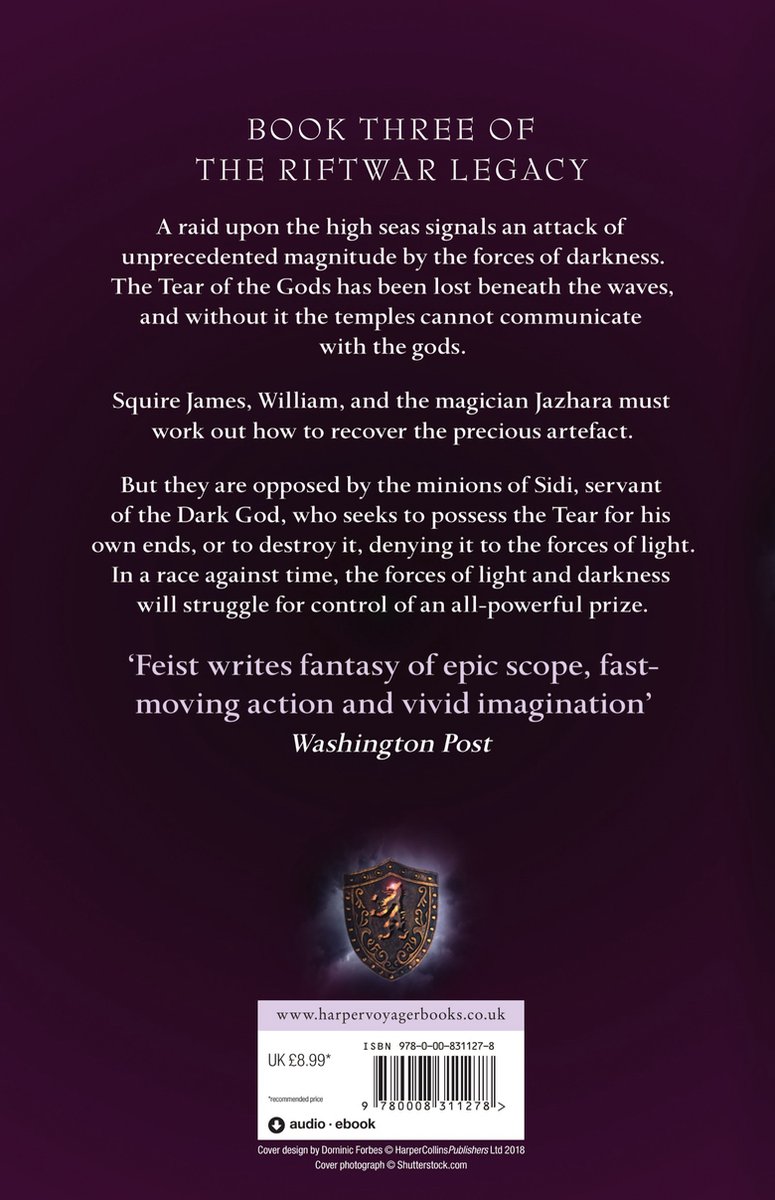 Boek drie van The Riftwar Legacy: Krondor: Tear of the Gods. Met een gouden schild met leeuw op paars met wolkachtig effect. Recensie van Washington Post.