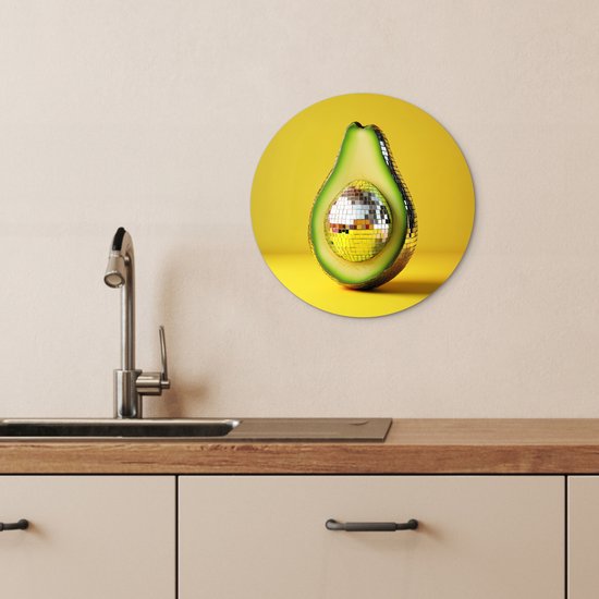 WallCircle® Wandcirkel 30x30 cm - Muurcirkel Avocado - Discobal - Geel - Glitter - Muurdecoratie woonkamer - Wanddecoratie keuken - Kamer decoratie accessoires - Ronde schilderijen